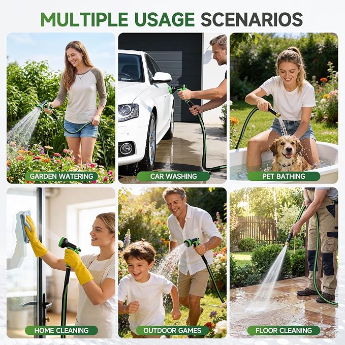Garden Hose 50 ft Flexible Water Hoses Non-Expanding Lightweight Portable No Kink High Pressure Flat Fabric 3/4” fittings Leak-proof Durable Pipe for Outdoor Outside Yard Lawn Patio Watering Car Wash