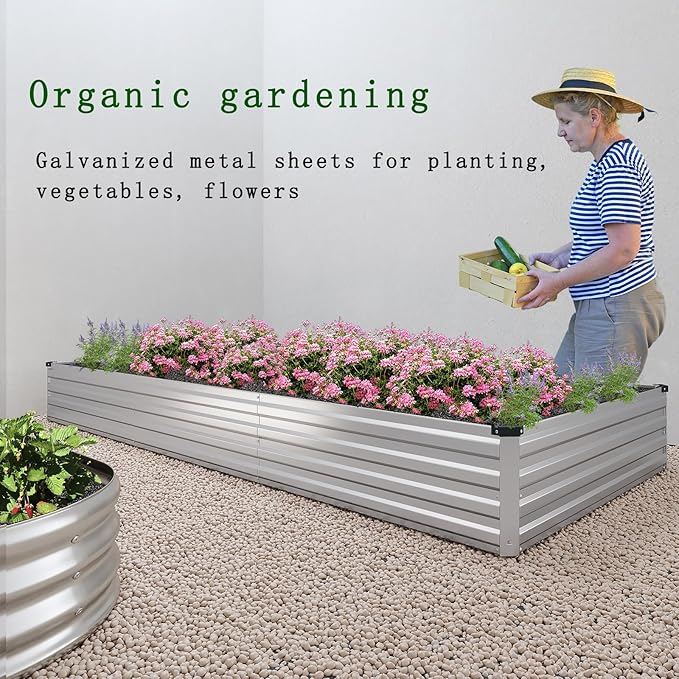 8×2×1FT(2PCS) Galvanized Raised Garden Bed Kit Metal Planter Boxes,Large Outdoor Planters Garden for Planting Vegetables,Flowers,Herbs -Silver