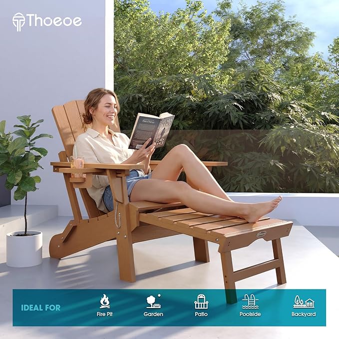 THOEOE Folding Adjustable Adirondack Chairs with Ottoman & 1 Cup Holders, HDEP Multifunctional Adirondack Chair with Footrest,Wood