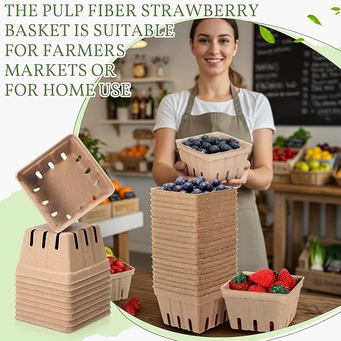 Reallnaive 20 Pack Natural Pulp Fiber Berry Baskets 1 Pint, Small Molded Produce Vented Basket for Strawberry, Blueberry, Raspberry, Vegetables, Farmers Market, Fruit Picking, Garden Harvest, Party