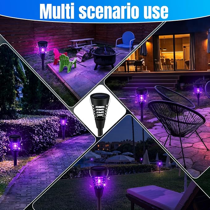 Qualirey 4 Pack Solar Bug Zapper & Mosquito Killer Outdoor Waterproof Cone-Shaped LED Light Mosquito Repellent for Patio, Garden, Yard, Camping - Hanging/Insertion Design (Colored & Purple Light)