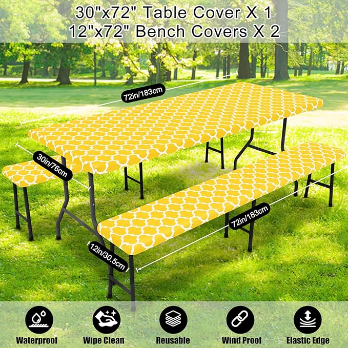 Smiry Picnic Table Cover with Bench Covers, Waterproof Elastic Fitted Tablecloth for 6 Foot Tables, Washable Polyester Tablecloths for Camping, Indoor & Outdoor (Yellow, 30x72 Inch 3-pc Set)