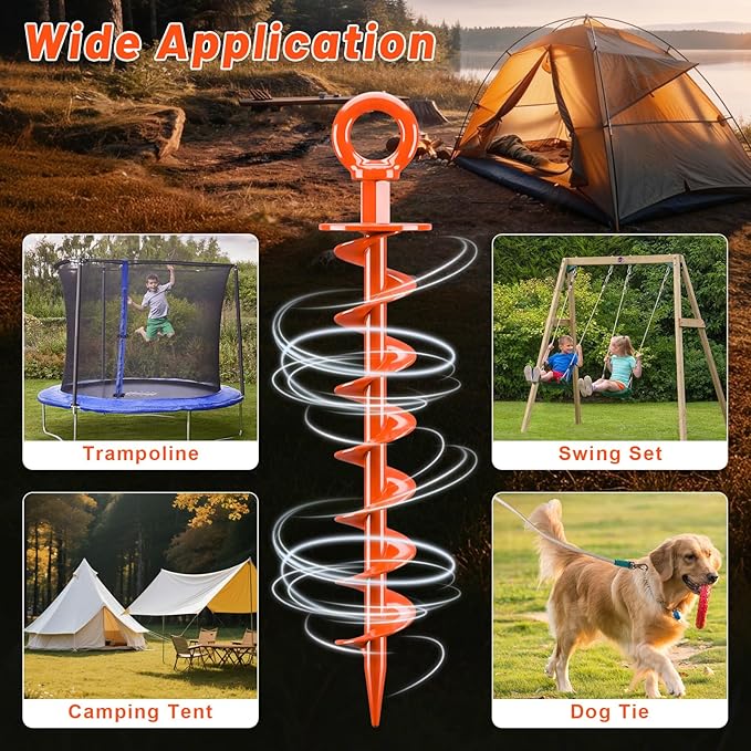FEED GARDEN Ground Anchors Screw in Heavy Duty, 4 Pack 15 Inch Spiral Earth Anchors for Trampoline Anchors High Wind, Swing Set Anchors, Tent Stakes, Dog Tie Out & Canopy Stability, Orange, 4 Pack