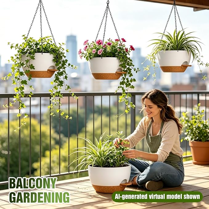 12 Inch Self Watering Hanging Planters, 2 Pack Plastic Plant Pots | Sturdy lightweight pot with side watering lip, drainage holes, snap-on detachable tray & hanging chain for easy care
