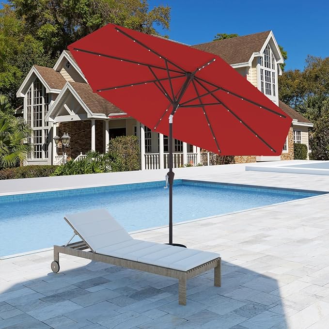 9FT Patio Umbrella with Solar Lights,Outdoor Market Umbrella with Tilt and Crank, LED Lighted Table Umbrella for Garden,Deck,Backyard,Pool,Beach