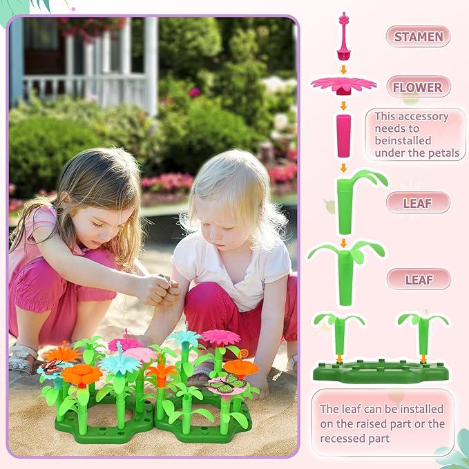 Qtioucp 16Pcs Kids Gardening Tools Outdoor Toys Set Backyard Play with 93 PCS DIY Flower Garden Building Preschool Activities (Pink)