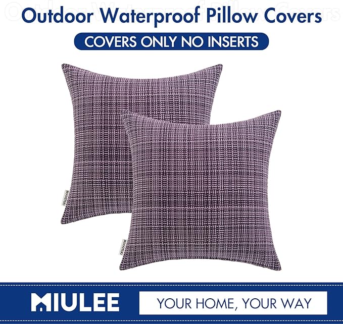 MIULEE Outdoor Waterproof Throw Pillow Covers Decorative Farmhouse Water Resistant Cushion Covers for Tent Patio Garden Couch Sofa Pack of 2, 20x20 Inch Violet