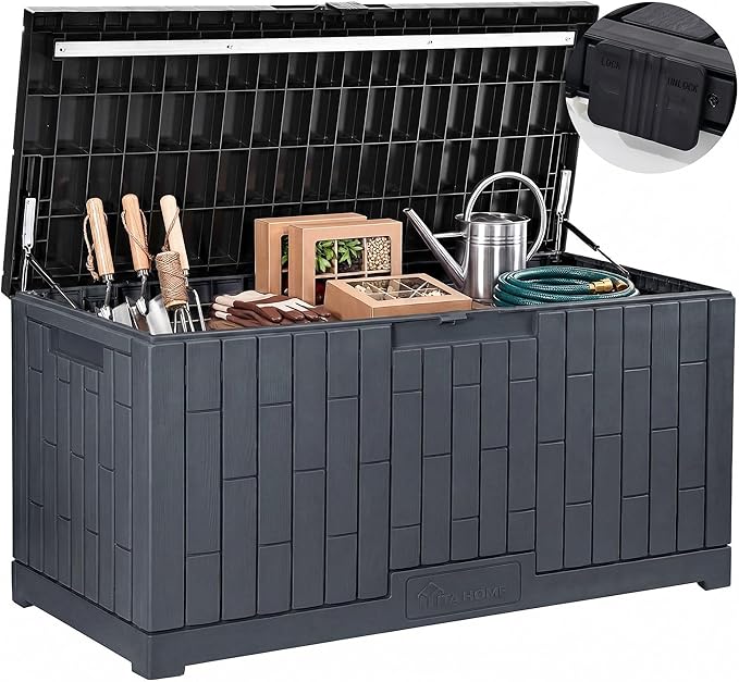 YITAHOME 120 Gallon Large Deck Box, 53"L x 22.7"W x 25.5"H Resin Outdoor Storage Box with Slide-Locking Black Lid for Patio Cushions, Garden Tools, Pool Supplies, Easy Assembly, Waterproof, Dark Gray