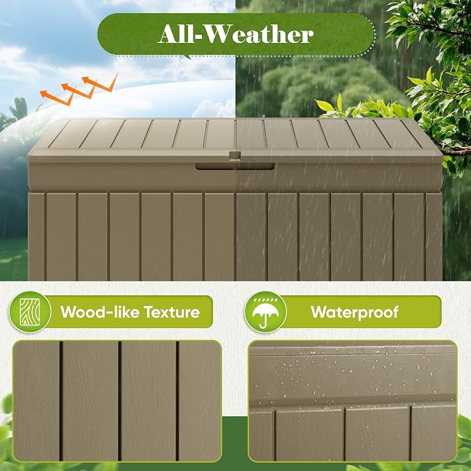 Flamaker Outdoor Storage Box 80 Gallon Resin Waterproof Deck Box Delivery Box with Wood Texture Large Storage Bin for Patio Cushions (Light Brown)