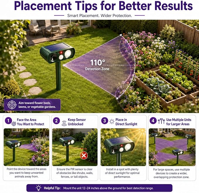 2 Pcs Upgraded Solar Animal Repellent Ultrasonic Outdoor for Cat Squirrel Racoon Rabbit Fox,Sonic Deer Repellent Devices Waterproof Flashing Light Motion Sensor Animal Repeller Deterrent for Garden
