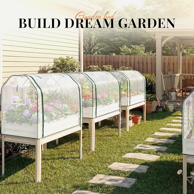 King Bird Large Raised Garden Bed with Cover Galvanized Elevated Planter Box with Legs 48×24×56 in for Backyard, Patio, Balcony, 400lb Capacity, Beige