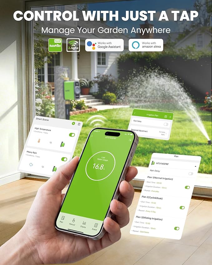 RAINPOINT WiFi Water Timer for Garden Hose, WiFi Sprinkler Controller, Smart Hose Timer Valve, Automatic Drip Irrigation System/Rain Delay for Garden/Lawn/Yard (Brass Inlet & Outlet, No Gateway)