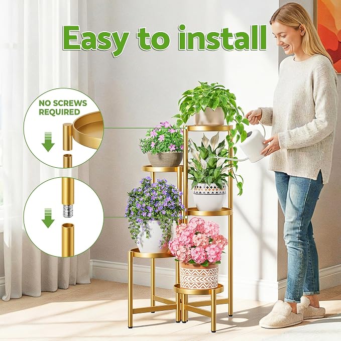 Tall Gold Plant Stand Indoor Outdoor, Corner Metal Flower Pot Stands for Multiple Plants, 5 Tiered Heavy Duty Plant Shelf for Patio Garden Balcony Living Room Bedroom - GoldDisk
