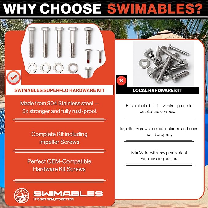 Swimables SuperFlo Hardware Pool Pump Bolt Kit for Pentair WhisperFlo & Intelliflo | Stainless Steel Hardware Kit Screws | Complete Bolt & Nut Kit with Washer Kit, Impeller Screw, Motor Bolts & More