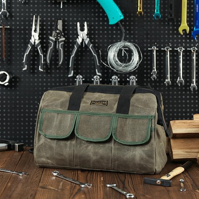 15 Inch Tool Bag, Heavy Duty Waxed Canvas Wide Mouth Water-Resistant Tool Pouch, Garden Tool Tote with 15 Pockets | ArmyGreen