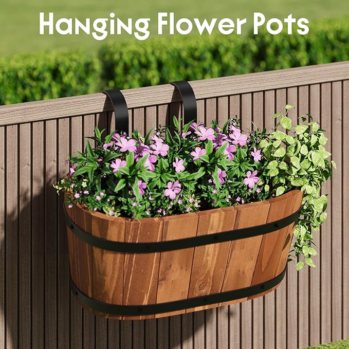 Hanging Wooden Flower Pots, Railing Planter for Any Balcony, Porch or Deck Countryside Style with Detachable Hooks for Garden Yard Home Decor (Brown)