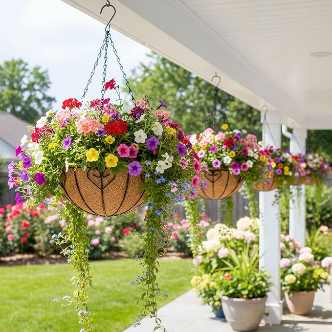4pcs 14 inch Metal Hanging Baskets Round Wire Plant Stand with Coco Lining Cushion Decorative Planter Hanger Garden Indoor Outdoor Watering Hanging Basket (AX)