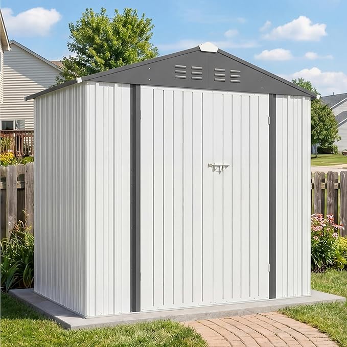 Greesum 6x4FT Outdoor Storage Shed with Base, Utility Tool Shed with Sloping Roof, Metal Storaged Garden Shed with Door & Lock for Patio Storage, White