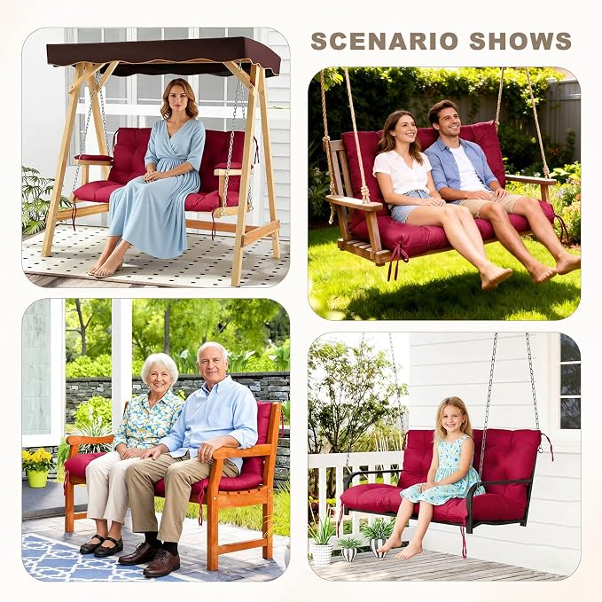 Porch Swing Cushion with Backrest,Waterproof Bench Cushion for Outdoor Furniture,2-3 Seater Replacement Thickened Swing Cushion with Ties,Patio,Outdoor,Backyard and Garden (Wine Red,47x40)