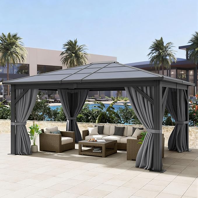 DWVO 10x12ft Gazebo Hardtop Double Roof Polycarbonate Canopy Outdoor with Netting and Shaded Curtains, Metal Frame Garden Tent for Patio, Backyard, Deck and Lawns, Gray
