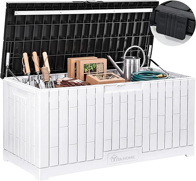YITAHOME Large Deck Box 120 Gallon Resin Outdoor Storage Box w/Slide-Locking Black Lid, Patio Storage Bin for Outdoor Pillows, Garden Tools and Pool Supplies, Waterproof, Lockable, Grayish-White