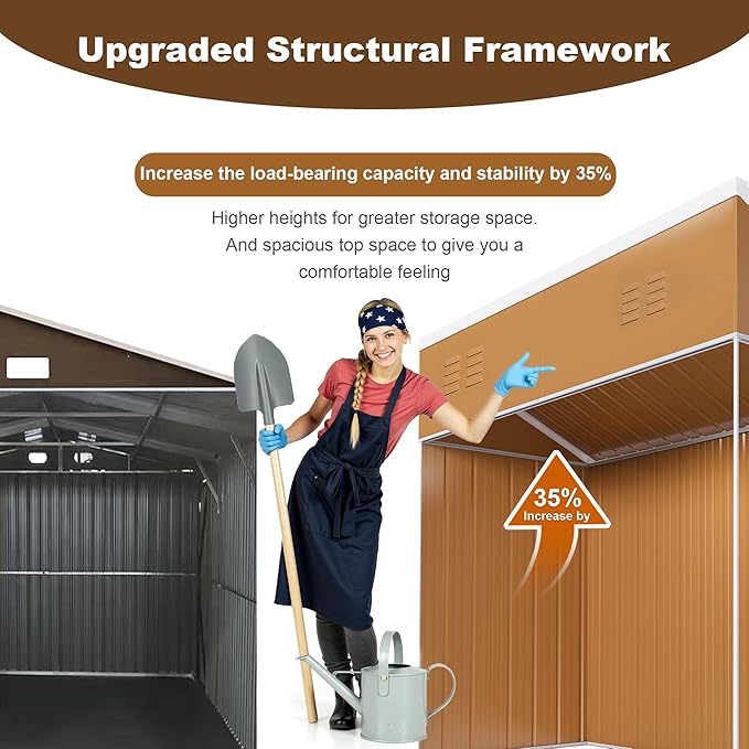 YOPTO 8x4 FT Outdoor Storage Shed,Metal Garden Lean to Shed W/Double Lockable Doors,Windows & 4 Air Vents,Weatherproof Shelter W/Sloped Roof,for Backyard,Lawn,Tool Organization,Brown