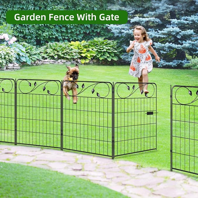 FOREHOGAR Decorative Metal Garden Fence 30in(H) X16ft(L) 1 gate+7 Panels Temporary Dog Fence Border for Landscape Patio Outdoor with gate, No dig Garden Fencing Gates for Yard