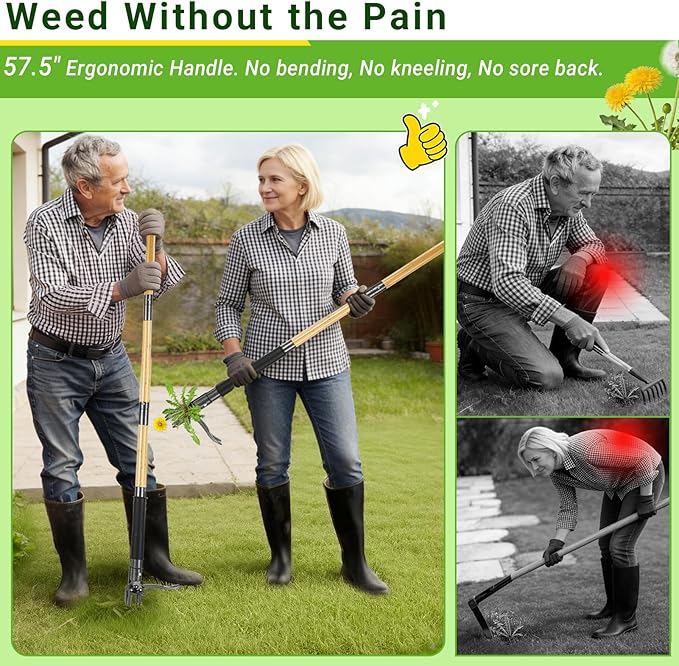 Weed Puller Tool, Heavy Duty Gardening Hand Tools with 4-Claw Steel Head & Dual-Eject Mechanism, 57.5" Bamboo Long Handle Stand Up Weeding Tool for Lawn Yard, Includes 16 Gallon Leaf Bag