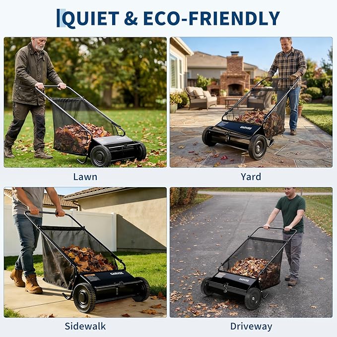 26 Inch Push Lawn Sweeper, 7 Cu. ft Grass Cutter, 4 High-Speed Spinning Brushes, Durable Steel Construction, Walk-Behind Leaf & Grass Collector for Yard Cleanup