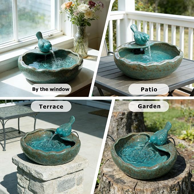 Ceramic Solar Fountain Bird Bath with Battery Backup,Bird Bath for Outside,Bird Bath Bowl for Garden, Patio & Yard Decor,Working at Night for at Least 6 Hours (Bird).