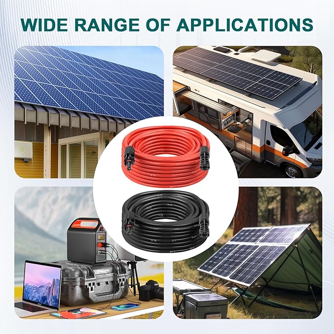 Solar Panel Extension Cable - 8AWG 15FT Solar Wire with Female & Male Waterproof Connector PV Wire for RV, Photovoltaic Systems, Home, Boat, Solar Panels, Car(15 Feet Red + 15 Feet Black)