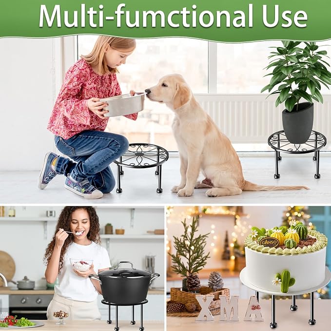 Garden Gifts Plant Lovers Gifts Black Metal Plant Stand with Anti-Slip Base Rustproof Heavy Duty Decorative Round Flower Stand Display Shelf for Indoor/Outdoor (Diameter: 9in Height: 4.8in)