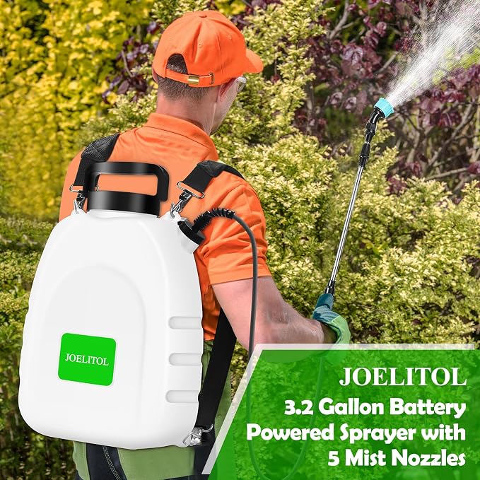 Electric Backpack Sprayer 3.2 Gallon, Battery Powered Lawn Sprayer with Ergonomic Design, USB Rechargeable Handle, Telescopic Wand & 5 Spray Nozzles
