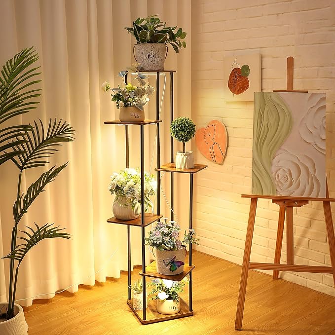 Dreyoo Plant Stand with Grow Light Indoor, 6 Tier 6 Potted Sturdy Metal Plant Shelf, Multiple Plant Holder Tall Plant Ladder for Display Plant Flower Corner Living Room Office (Black, Brown)
