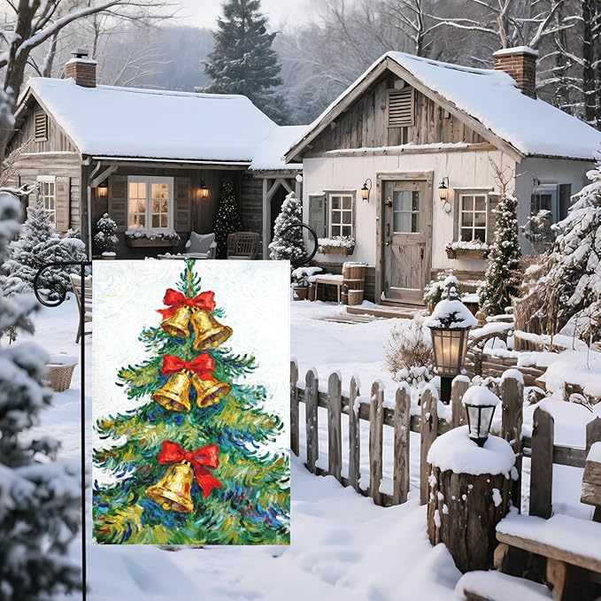 Christmas Garden Flag 12x18 Inch Green Yellow Red Xmas Tree Bell Bowknot Winter Holiday Decorative Yard Flags for Outside Double Sided Seasonal Outdoor Home Farmhouse Decoration Porch New Year Decor