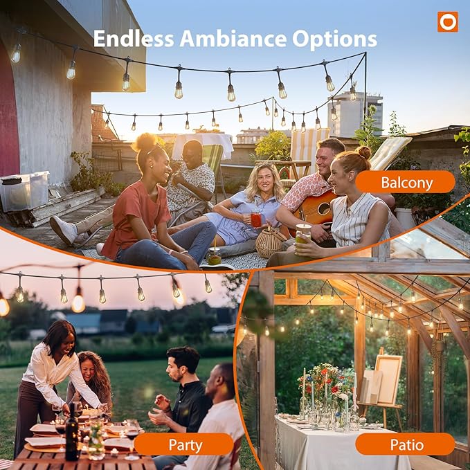 addlon 50FT Outdoor String Lights LED with Remote Dimmable Patio Lights Waterproof Shatterproof Edison Bulb for Outside Backyard Porch Garden Bistro Pergola Party Decor, Warm Ambience Lighting
