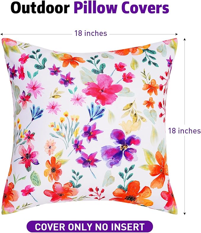 SquarePie Outdoor Pillow Covers 18x18 Inch Set of 2 - Waterproof Colorful Flowers Cushion Covers for Patio Garden Furniture, Watercolor Bloom Floral Decorative Throw Pillow Cases for Couch Sofa Bench