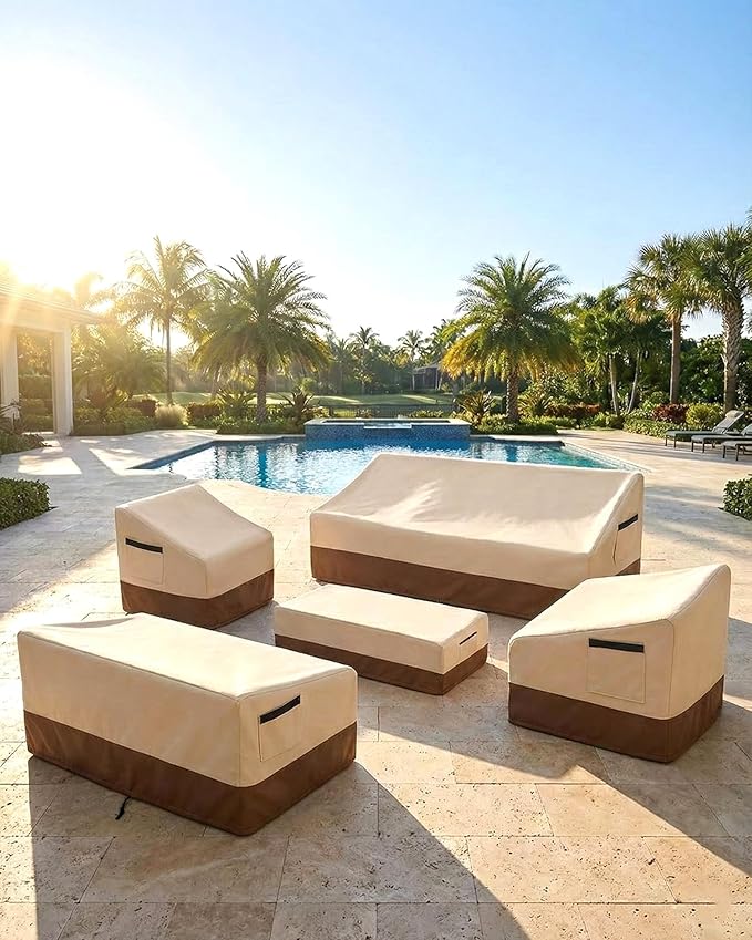 Outdoor Sofa Cover, Waterproof Patio Furniture Cover 58.3W x 32.7D x 31H inches Heavy Duty 600D Oxford Fabric Beige and Brown