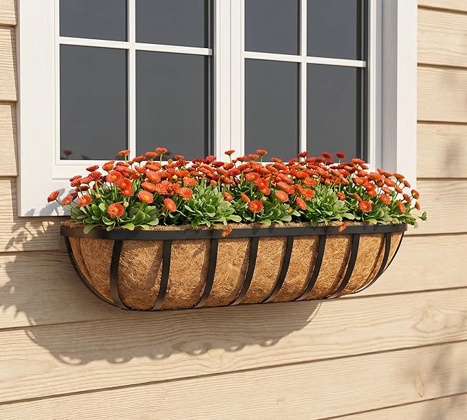 30 Inch Window Deck with Coco Liner, 30" Window Boxes Horse Trough with Coconut Coir Liner, Fence Metal Hanging Flower Planter Window Basket Deck Railing Planter Boxes for Outdoor Garden Lawn, 4pcs