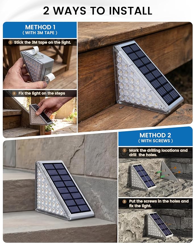NIORSUN Outdoor Step Lights, Upgraded 28 LEDs 2 Brightness Modes, IP67 Waterproof Solar Stair Lights for Outside Steps, 1200mAh Battery Long Runtime Warm White for Patio Deck Yard Porch, 12 Pack