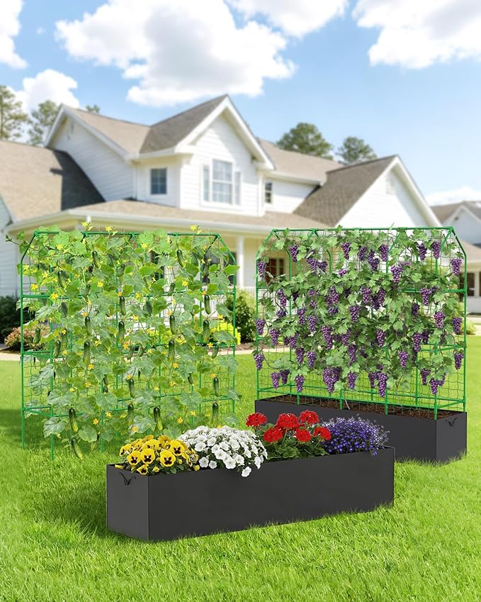 Cucumber Trellis with Grow Bag for Raised Bed, A-Shape Garden Trellis for Climbing Plants Outdoor, Metal Plant Trellis with Garden Netting for Flower Vegetables, Pea, Grape (67x17.7x65in)