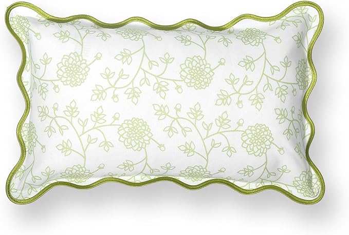 Hofdeco Premium Coastal Patio Indoor Outdoor Scalloped Lumbar Pillow Cover Only, 12"x20" Water Repellent for Backyard, Couch, Green Print Dahlia Floral (Pack of 2)