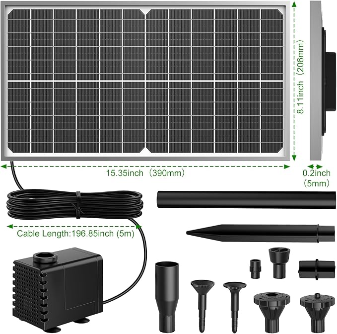 AMZtime 15W Solar Water Pump Fountain, DIY Solar Powered Fountain Pump Kit, Solar Fountain Pump with Upgraded Glass Solar Panels for Birdbath, Pool, Hydroponics, Fish Pond, Garden, Waterfall