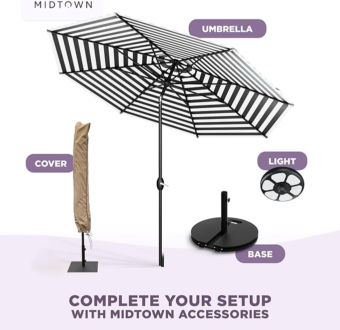 Midtown Umbrellas - 10-Year-No-Fade 9 Ft Patio Umbrella with Terylast Fabric, Auto-Tilt Aluminum Frame and 8 Reinforced Ribs for Deck, Pool, Garden & Beach - Black/White Stripes Canopy, Black Pole