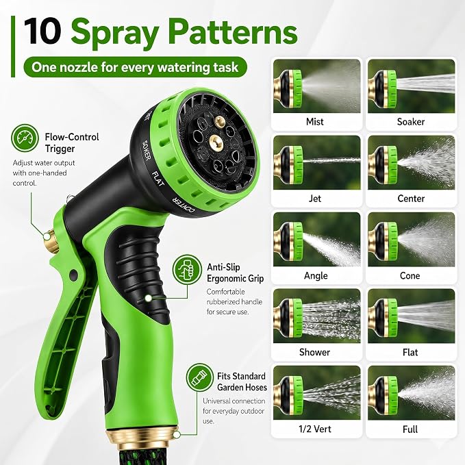 Flexible Garden Hose, Ultra Lightweight Water Hoses 50FT w/10 Function Sprayer and 3/4" Brass Fittings, Kink-Free, Sturdy, Abrasion Resistant for Yard, Lawn, Outdoor and Gardening