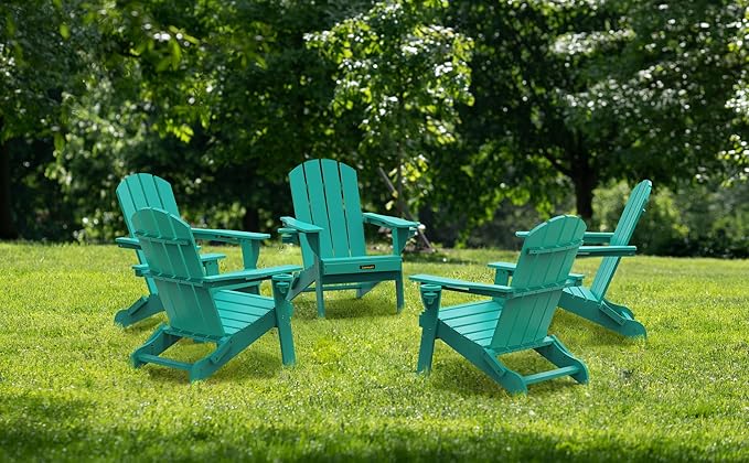 Folding Adirondack Chair Set of 4, Wooden Textured Plastic Adirondack Chairs with 2 Cup Holder, Weather Resistant HDPE Fire Pit Chair, Outdoor Patio Chairs for Garden, Backyard, Lawn, Deck, Lake Blue