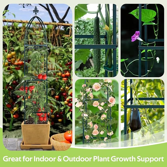 100% Metal Obelisk Trellis for Climbing Plants Outdoor & Indoor - 63" Tall Rustproof Metal Garden Trellis for Clematis Cucumber Vines - Square Plant Support Rose Trellis for Pots Flowers Fruits Green