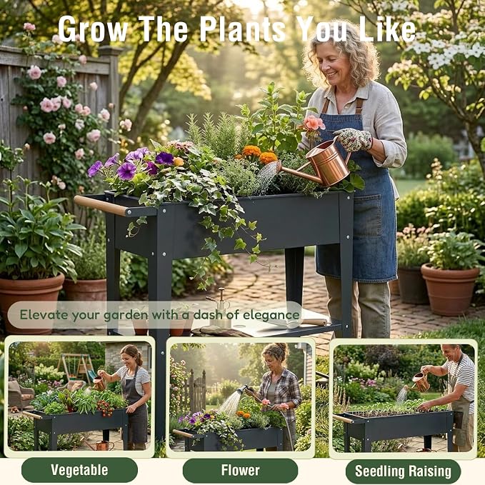 Raised Garden Bed Outdoor with Wheels, Leg and Wooden Handle, 36.2x13.4x32.3in, 400lb Cap, Metal Elevated Raised Planter Box for Herb, Vegetable, Perfect for Backyard, Balcony, Light Black