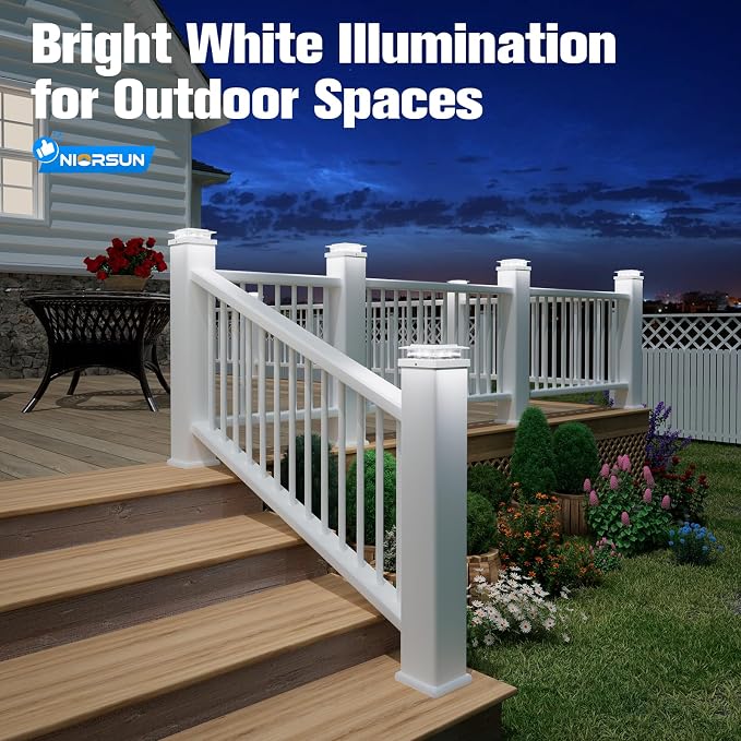 NIORSUN Solar Post Cap Lights Outdoor Waterproof, 4x4 Post Solar Lights 2 Color Modes, Fence Posts Solars Light for Deck Patio Garden Deco, 4x4 Posts Caps Wood Vinyl, 5x5 Vinyl, 12 Pack (White)