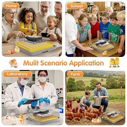 IBKINXX Incubator for Hatching Eggs-48 Egg Capacity, 2026 Newly Upraded Auto Egg Turner & Auto Precision Humidity Control System, 360° Clear Viewing for Chicken, Duck and Quail Eggs (Yellow)
